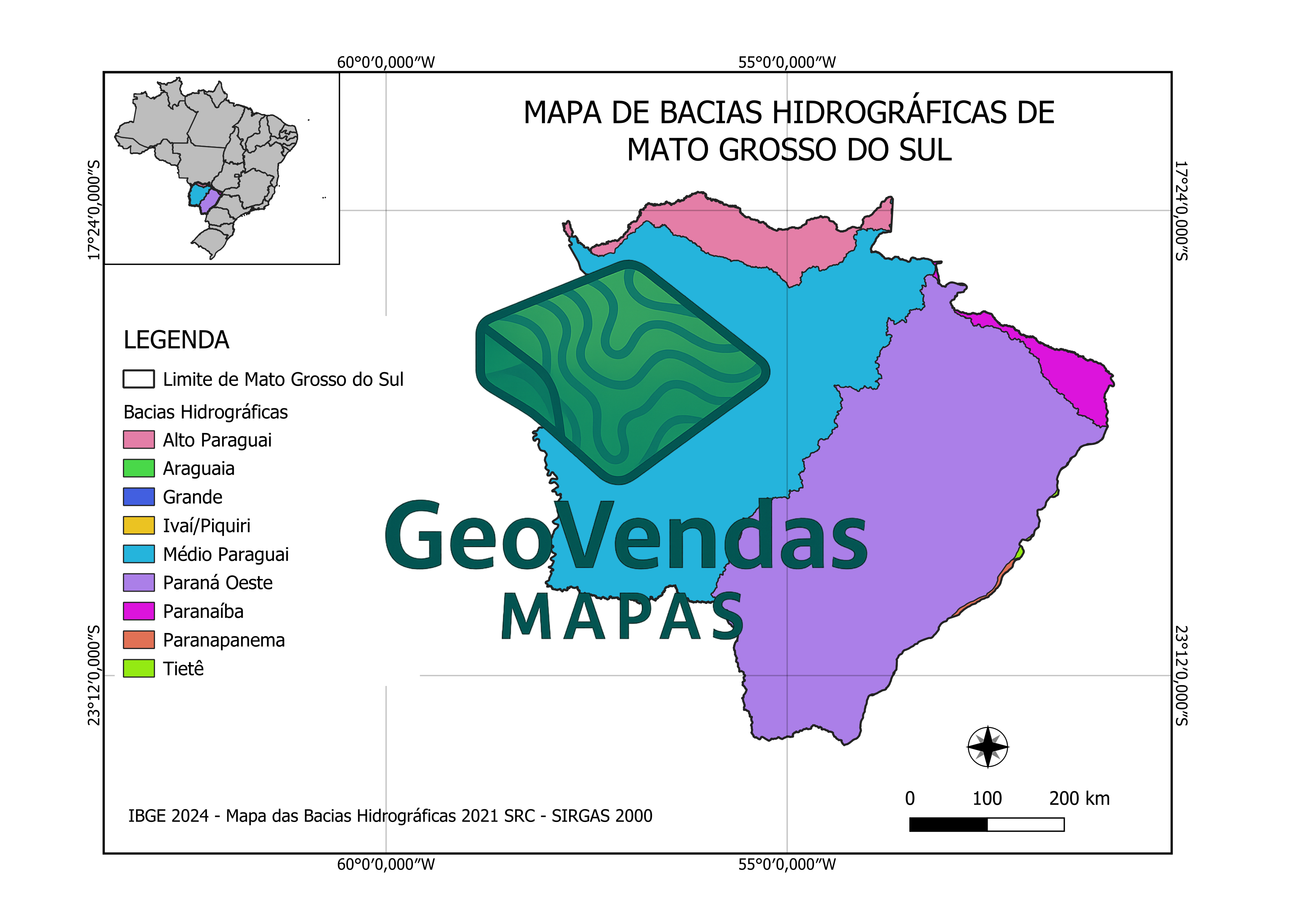 Mapa de Bacias hidrográficas de Mato Grosso do Sul